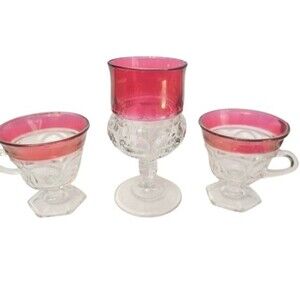 Set of 3 Glasses 1 juice, 2 punch Tiffin Kings Crown Ruby Flashed Thumbprint